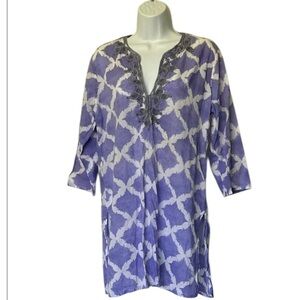 Roberta Roller Rabbit tunic v neck purple white batik cotton 3/4 sleeves Size M